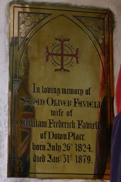 Brase plaque in memorial to William's wife Sarah, with a cross above and text below